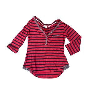 Anthropologie Postmark Henley Top Women Size Small Red Navy Striped Floral Trim